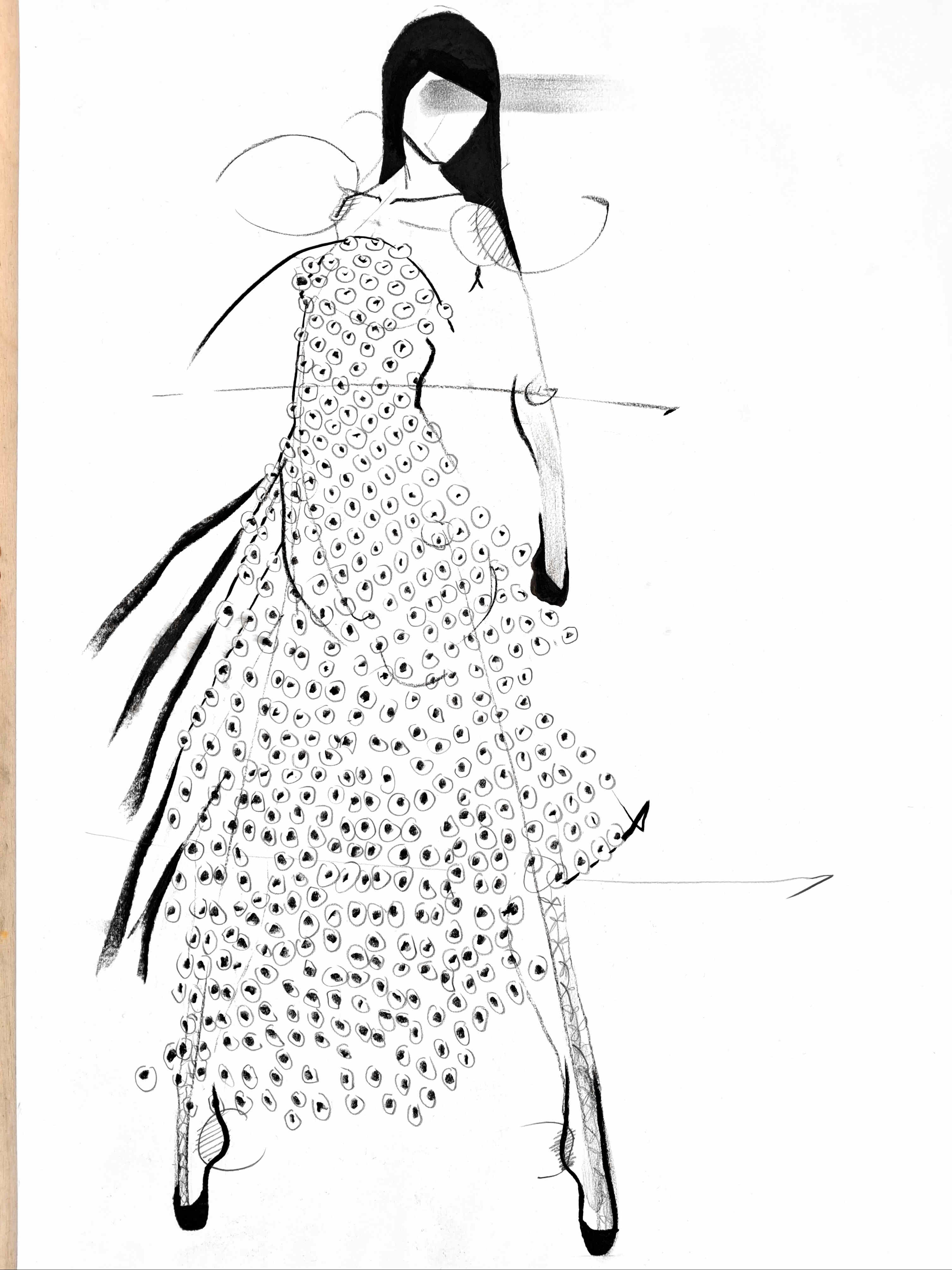 Auf dem Blatt gefundene Kleidersilhouette auf Modefigurine mit schwarzen Haaren. Kohlezeichnung Format A2 für die Bewerbungsmappe Modedesign.